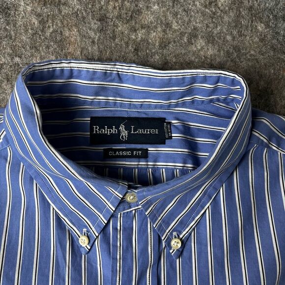 Ralph Lauren Men’s 18 36/37 Blue Stripe Shirt Long Sleeve Classic Fit Button - Picture 5 of 10